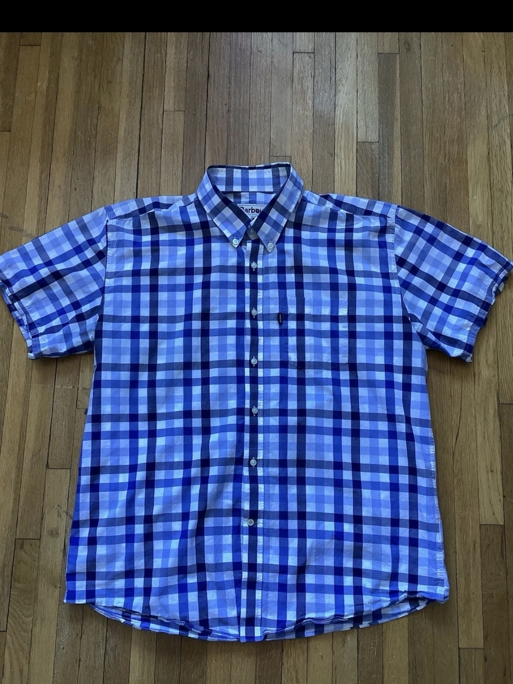 Barbour Men's XL Blue/White Checked Short Sleeve Button Front Shirt,100% Cotton